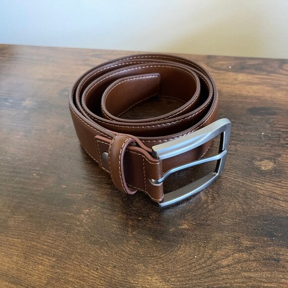Men’s Brown Stitched Work Belt Genuine Leather Gray Metal Buckle Size 40-42 - Picture 1 of 7
